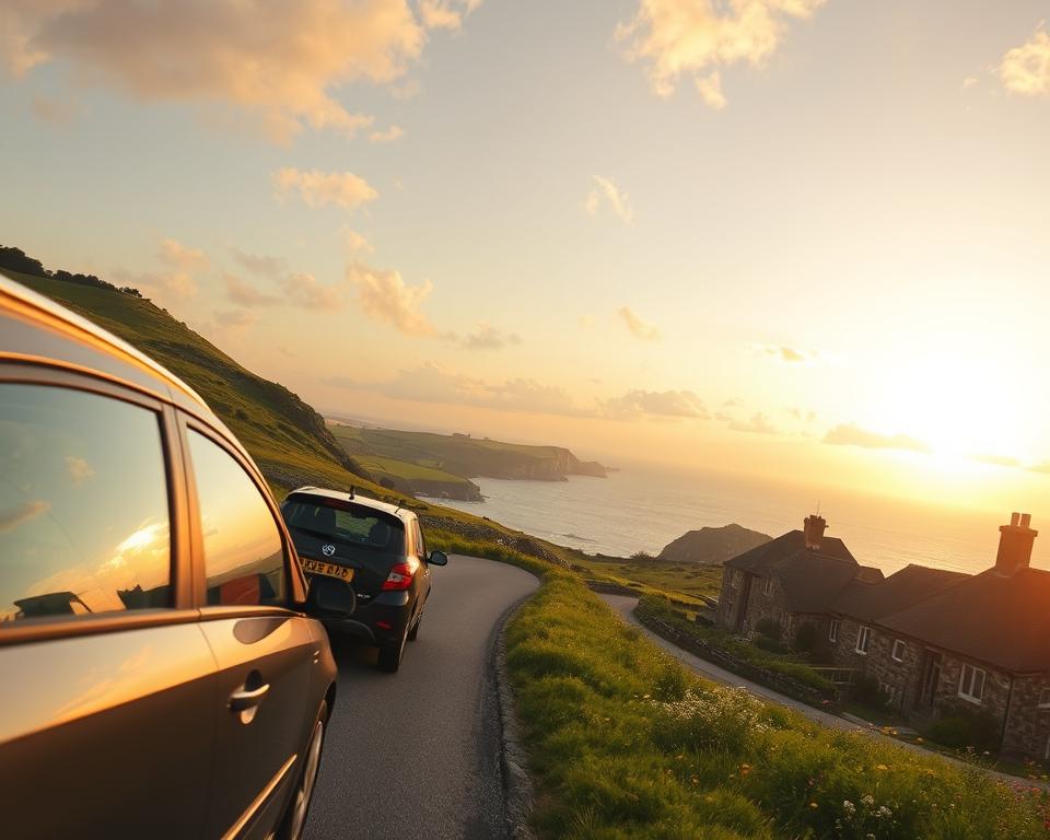 A scenic view of a car journeying through the lush landscapes of Brittany, France, during golden hour. In the foreground, a modern car drives along a winding country road, surrounded by vibrant green fields dotted with wildflowers. To the right, a glimpse of traditional Breton stone houses can be seen, adding cultural charm. The middle ground features rolling hills and a majestic coastline with cliffs, as the sun sets to cast a warm, inviting glow over the scene. In the background, soft clouds adorn a pastel sky, contributing to a tranquil atmosphere. The image should evoke a sense of adventure and exploration, perfect for illustrating a travel experience. The angle should be slightly elevated to capture the full beauty of the landscape.