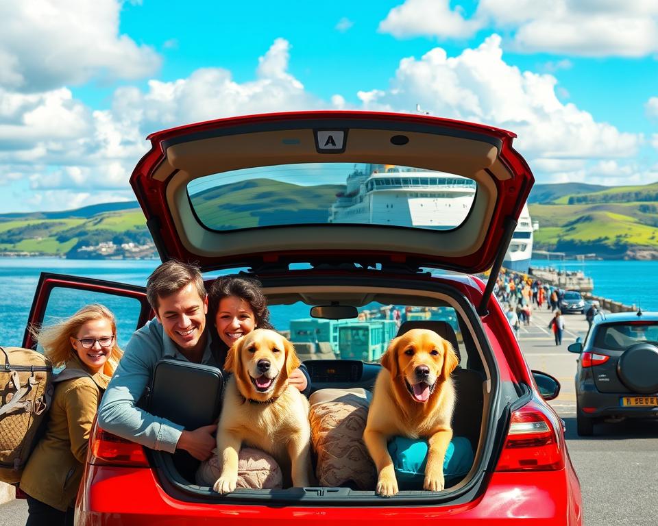 A scenic view of a family embarking on a journey to Ireland by car and ferry. In the foreground, a cheerful family, dressed in modest casual clothing, loads their luggage into a red car with a happy golden retriever in the backseat, symbolizing the excitement of travel. In the middle, the family car is parked at a ferry terminal with a large ferry in the background, ready to set sail, surrounded by bustling travelers and vehicles. The background showcases a picturesque coastline with rolling green hills typical of Ireland, under a bright blue sky filled with fluffy white clouds. The lighting is warm and inviting, creating a joyful, adventurous atmosphere, captured from a slightly elevated angle to encompass the entire scene.
