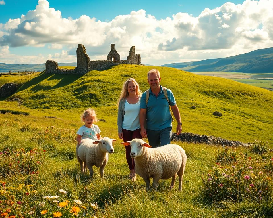 A scenic view of a family exploring Ireland during the best travel time, featuring a cheerful family of four—two parents with their two children—dressed in casual, modest clothing, walking along a lush green hillside with ancient stone ruins in the background. In the foreground, children are playfully interacting with a friendly sheep, while the parents observe with joyful expressions. The middle section showcases vibrant green fields dotted with colorful wildflowers, and a bright blue sky overhead, with soft fluffy clouds. The lighting is warm and inviting, reminiscent of a sunny afternoon, with golden hour glow. The overall atmosphere is cheerful and adventurous, perfect for a family holiday in Ireland.