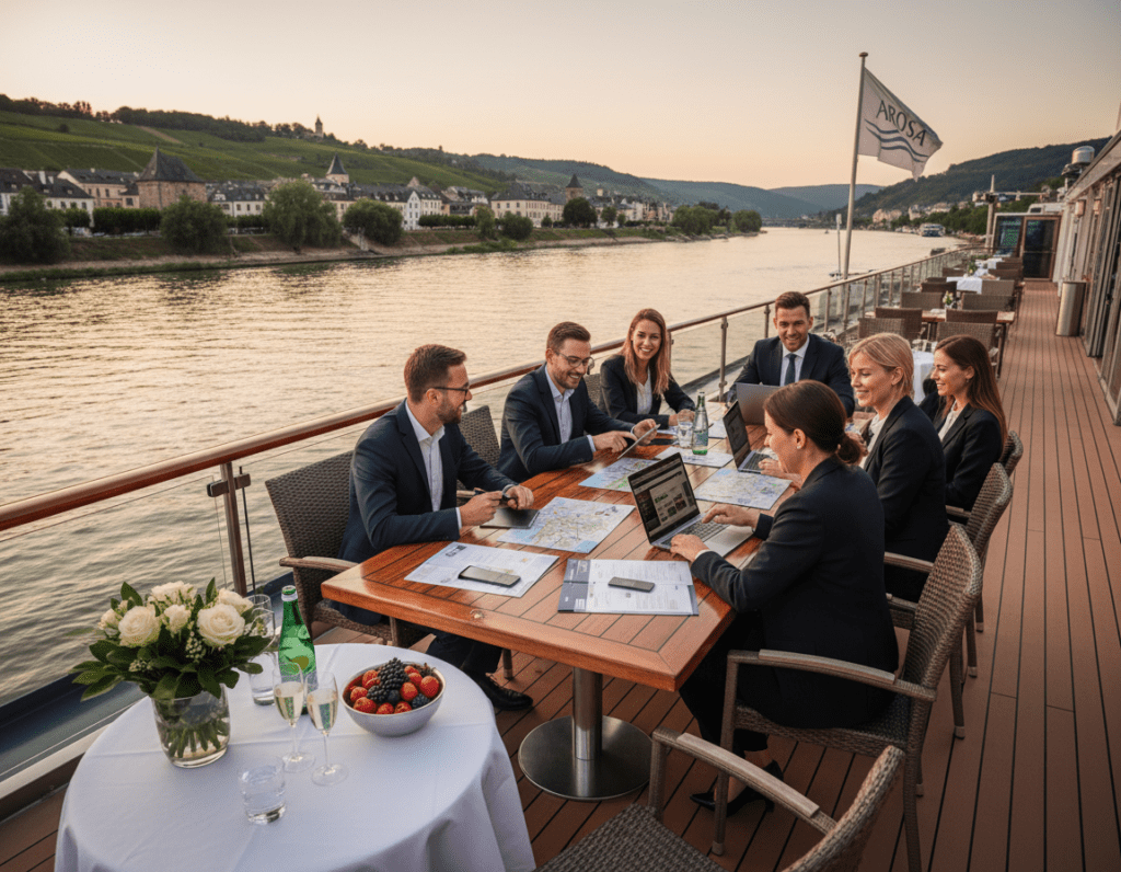 A scenic view of a luxury river cruise deck with elegant amenities, showcasing a diverse group of travelers in professional business attire, gathered around a table filled with brochures and digital devices for planning their dream river cruise. The foreground features a beautifully set table with flowers and refreshments, while the middle ground presents the group engaged in discussion, with the river and picturesque European landscapes visible in the background. Soft, warm lighting enhances the atmosphere, evoking a sense of excitement and anticipation. The angle captures the vibrancy of the interaction, emphasizing the charm and luxury of Arosa river cruises. The colors are rich, inviting, and convey a sense of adventure.