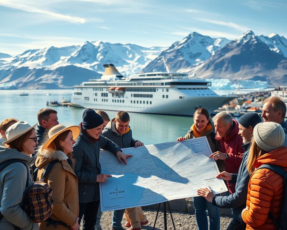 A scenic view of a preparation scene for a Spitzbergen cruise. In the foreground, a diverse group of travelers in modest, casual clothing is gathered around a large map of Spitzbergen, pointing out key locations with excited expressions. In the middle ground, a sleek, modern cruise ship is docked at a picturesque harbor surrounded by snow-capped mountains and icy waters. The background features dramatic Arctic landscapes with deep blue glaciers glistening under the soft sunlight of a clear sky, evoking a sense of adventure and wonder. The atmosphere is serene yet anticipatory, capturing the essence of preparing for an extraordinary Arctic journey. The lighting is bright and natural, enhancing the vivid colors of the scene, shot from a slightly elevated angle for depth. A scenic view of a preparation scene for a Spitzbergen cruise. In the foreground, a diverse group of travelers in modest, casual clothing is gathered around a large map of Spitzbergen, pointing out key locations with excited expressions. In the middle ground, a sleek, modern cruise ship is docked at a picturesque harbor surrounded by snow-capped mountains and icy waters. The background features dramatic Arctic landscapes with deep blue glaciers glistening under the soft sunlight of a clear sky, evoking a sense of adventure and wonder. The atmosphere is serene yet anticipatory, capturing the essence of preparing for an extraordinary Arctic journey. The lighting is bright and natural, enhancing the vivid colors of the scene, shot from a slightly elevated angle for depth.