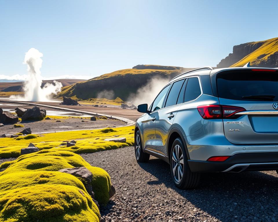 A scenic view of a rental car parked on a gravel road, surrounded by the stunning landscapes of Iceland's Golden Circle. In the foreground, the vibrant green moss covers volcanic rocks, while the silver-blue vehicle gleams under soft, natural sunlight. The middle ground features majestic geysers erupting in the distance, with wisps of steam rising against a clear blue sky. In the background, the iconic Gullfoss waterfall cascades down steep cliffs, surrounded by lush greenery. A sense of adventure and tranquility fills the atmosphere, inviting exploration. The image is captured with a wide-angle lens, emphasizing the car's connection to the breathtaking environment, while maintaining a balanced composition that highlights both the vehicle and the natural wonders.