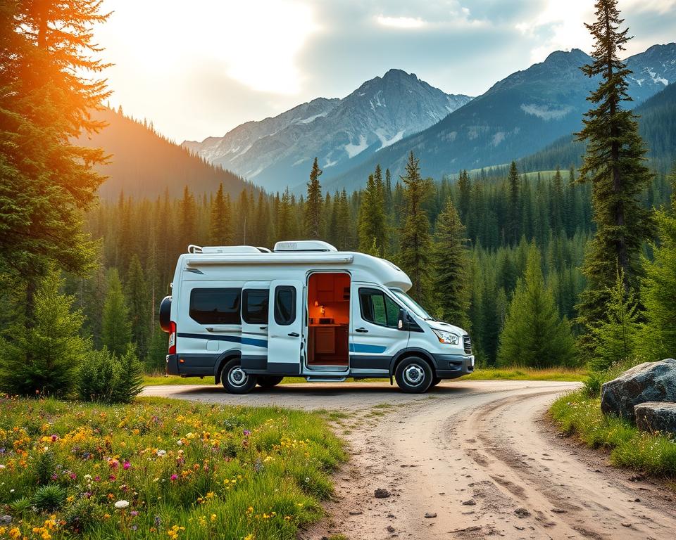 A scenic view of a rugged Canadian landscape featuring a vibrant green forest and majestic mountains in the background, with a modern camper van parked in the foreground. The camper should be white with blue accents, showcasing its spacious interior through open doors, hinting at comfortable living. Soft sunlight filters through the trees, creating a warm and inviting atmosphere. Add a winding dirt path leading to the camper, surrounded by wildflowers. The angle should be slightly elevated, capturing the camper against the expansive sky and mountains behind it. The overall mood is adventurous yet serene, perfect for a journey through the natural beauty of Canada. A scenic view of a rugged Canadian landscape featuring a vibrant green forest and majestic mountains in the background, with a modern camper van parked in the foreground. The camper should be white with blue accents, showcasing its spacious interior through open doors, hinting at comfortable living. Soft sunlight filters through the trees, creating a warm and inviting atmosphere. Add a winding dirt path leading to the camper, surrounded by wildflowers. The angle should be slightly elevated, capturing the camper against the expansive sky and mountains behind it. The overall mood is adventurous yet serene, perfect for a journey through the natural beauty of Canada.