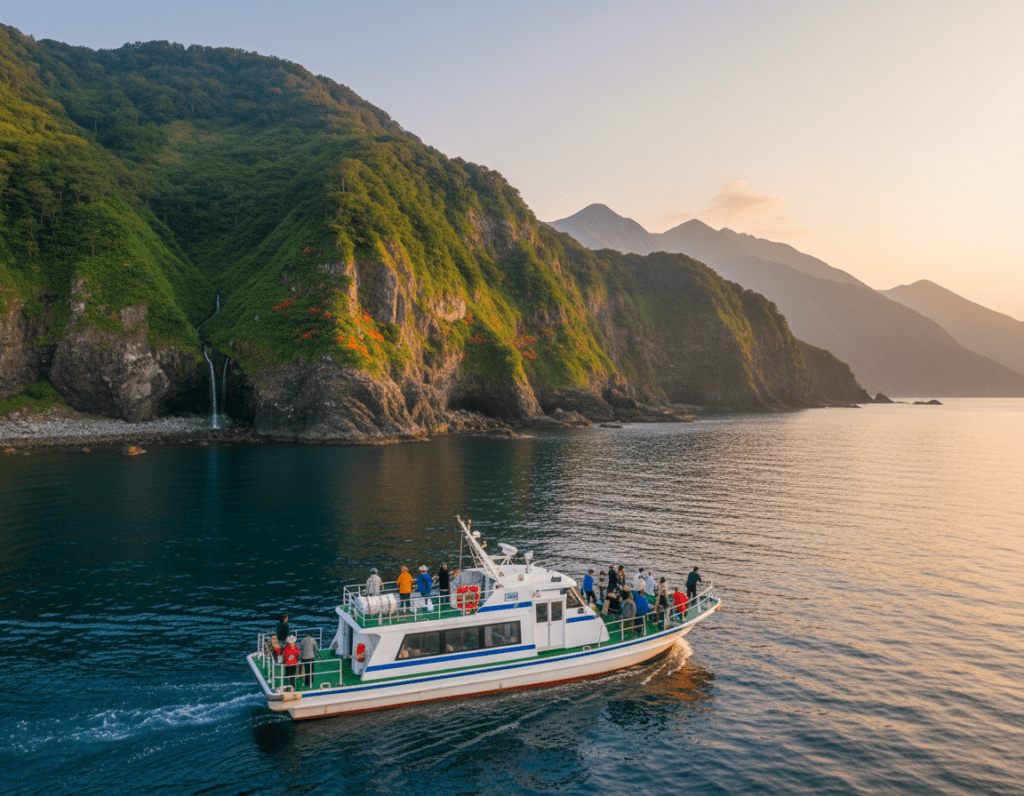 A scenic view of a tour boat navigating along the rugged west coast of Shiretoko National Park in Japan. In the foreground, the boat is gliding smoothly over calm, clear waters, with tourists on board dressed in modest casual clothing, admiring the stunning landscape. In the middle ground, dramatic cliffs rise sharply, dotted with lush greenery and patches of vibrant wildflowers. The background features the distant silhouette of mountains basking under the soft golden light of a late afternoon sun, casting gentle reflections on the water. The atmosphere should evoke a sense of adventure and tranquility, highlighting the natural beauty of the region. Use a wide-angle perspective to capture the expansive scenery, ensuring the colors are vivid and the lighting enhances the serene mood.