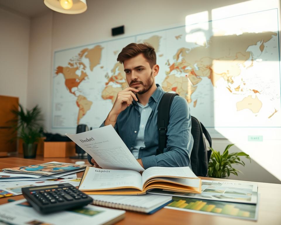 A scenic view of a travel budget planning scene. In the foreground, a neatly arranged desk with a calculator, travel brochures, and a notebook filled with budget calculations. In the middle ground, a thoughtful traveler, dressed in professional casual attire, is analyzing the papers with a focused expression, surrounded by a warm ambiance created by soft overhead lighting. In the background, a wall map of world destinations with pins marking various locations, highlighting different travel routes. The atmosphere is contemplative and organized, with natural sunlight filtering through a nearby window, creating a friendly yet serious mood conducive to planning a journey while considering hidden costs.