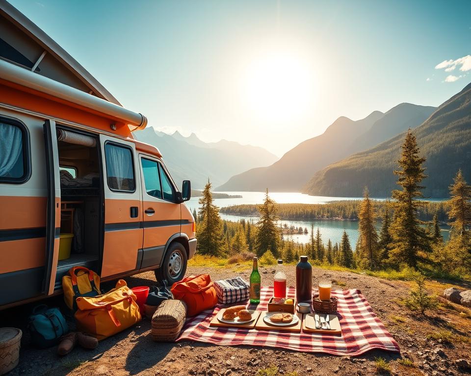 A scenic view of a vibrant Canadian landscape showcasing a camper van parked near a stunning lake surrounded by majestic mountains. In the foreground, the camper is a rustic, cozy vehicle with warm, inviting colors, and neatly organized outdoor gear beside it, symbolizing budget travel. In the middle ground, a picnic setup with a simple, budget-friendly meal is laid out on a checkered blanket, hinting at an economical travel experience. The background features lush greenery and mountains under a clear blue sky with soft, golden sunlight filtering through the trees, creating a warm and adventurous atmosphere. The overall mood should evoke excitement and wanderlust, illustrating the joy and freedom of exploring Canada on a budget. A scenic view of a vibrant Canadian landscape showcasing a camper van parked near a stunning lake surrounded by majestic mountains. In the foreground, the camper is a rustic, cozy vehicle with warm, inviting colors, and neatly organized outdoor gear beside it, symbolizing budget travel. In the middle ground, a picnic setup with a simple, budget-friendly meal is laid out on a checkered blanket, hinting at an economical travel experience. The background features lush greenery and mountains under a clear blue sky with soft, golden sunlight filtering through the trees, creating a warm and adventurous atmosphere. The overall mood should evoke excitement and wanderlust, illustrating the joy and freedom of exploring Canada on a budget.