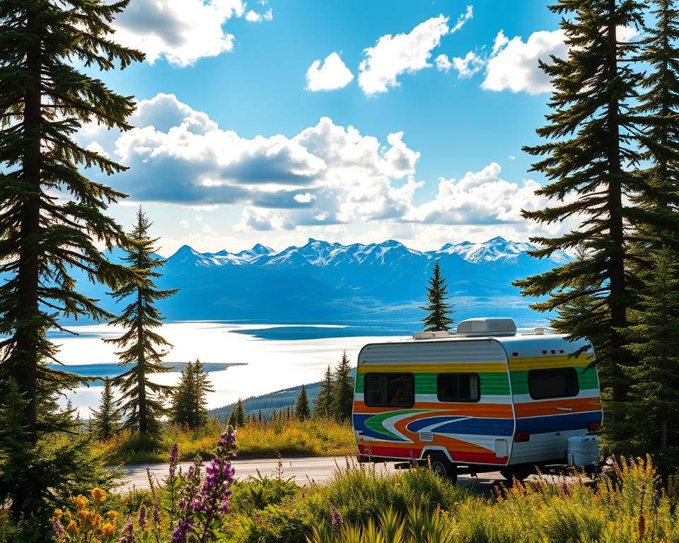 A scenic view of a vibrant camper parked along a breathtaking mountain road in West Canada. In the foreground, the colorful camper sits amid lush greenery, accentuated by blooming wildflowers. In the middle ground, towering pine trees frame the camper, leading the eye to an expansive, shimmering lake reflecting the sky’s brilliant blue and fluffy white clouds. The background features majestic snow-capped mountains bathed in the warm, golden light of a late afternoon sun, casting soft shadows that enhance the landscape's depth. The atmosphere is serene and adventurous, evoking a sense of exploration and wanderlust. Capture this scene with a wide-angle lens to emphasize the grandeur of nature and the cozy presence of the camper. The overall mood is inviting, perfect for illustrating a memorable road trip in Canada's stunning wilderness. A scenic view of a vibrant camper parked along a breathtaking mountain road in West Canada. In the foreground, the colorful camper sits amid lush greenery, accentuated by blooming wildflowers. In the middle ground, towering pine trees frame the camper, leading the eye to an expansive, shimmering lake reflecting the sky’s brilliant blue and fluffy white clouds. The background features majestic snow-capped mountains bathed in the warm, golden light of a late afternoon sun, casting soft shadows that enhance the landscape's depth. The atmosphere is serene and adventurous, evoking a sense of exploration and wanderlust. Capture this scene with a wide-angle lens to emphasize the grandeur of nature and the cozy presence of the camper. The overall mood is inviting, perfect for illustrating a memorable road trip in Canada's stunning wilderness.