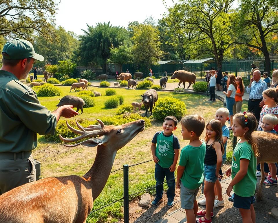 A scenic view of a wildlife park during feeding time, showcasing a variety of animals such as deer, wild boars, and birds interacting with zookeepers. In the foreground, a zookeeper in a green uniform gently feeds a deer, while children watch excitedly, dressed in casual clothing. The middle ground features a lush, green habitat with trees and shrubs, creating a vibrant and natural environment. In the background, visitors are observing other animal habitats, creating a sense of community and engagement. The lighting is warm and inviting, simulating a sunny afternoon with soft shadows. Capture a dynamic angle that emphasizes the interaction between animals and humans, evoking a mood of joy and wonder in nature. A scenic view of a wildlife park during feeding time, showcasing a variety of animals such as deer, wild boars, and birds interacting with zookeepers. In the foreground, a zookeeper in a green uniform gently feeds a deer, while children watch excitedly, dressed in casual clothing. The middle ground features a lush, green habitat with trees and shrubs, creating a vibrant and natural environment. In the background, visitors are observing other animal habitats, creating a sense of community and engagement. The lighting is warm and inviting, simulating a sunny afternoon with soft shadows. Capture a dynamic angle that emphasizes the interaction between animals and humans, evoking a mood of joy and wonder in nature.