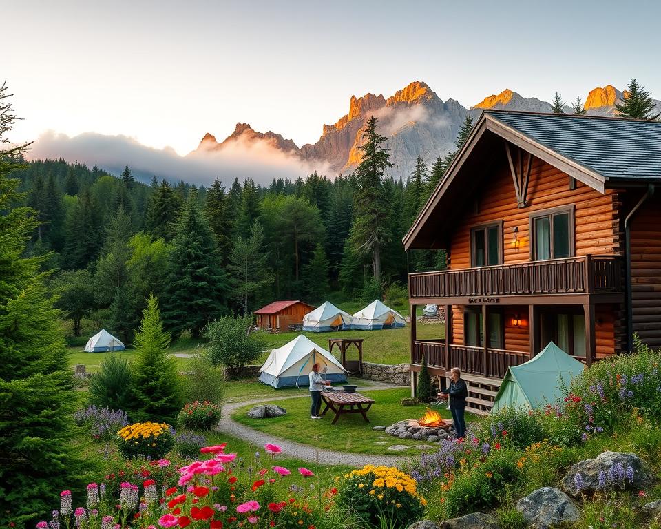 A scenic view of accommodations within and around Pico Europa Nationalpark in Spain, showcasing a cozy mountain lodge with wooden architecture in the foreground, surrounded by lush, green forests and vibrant wildflowers. In the middle ground, include a charming campsite with tents and a small group of people in modest casual clothing enjoying the outdoors, perhaps cooking near a campfire. The background should feature the majestic peaks of the Pico Europa mountains, shrouded in light mist, bathed in the warm glow of a golden sunset. Capture the tranquil atmosphere with soft, natural lighting that emphasizes the beauty of the landscape and evokes a sense of adventure and peace. Use a slightly elevated perspective to encompass both the accommodations and the breathtaking natural surroundings.