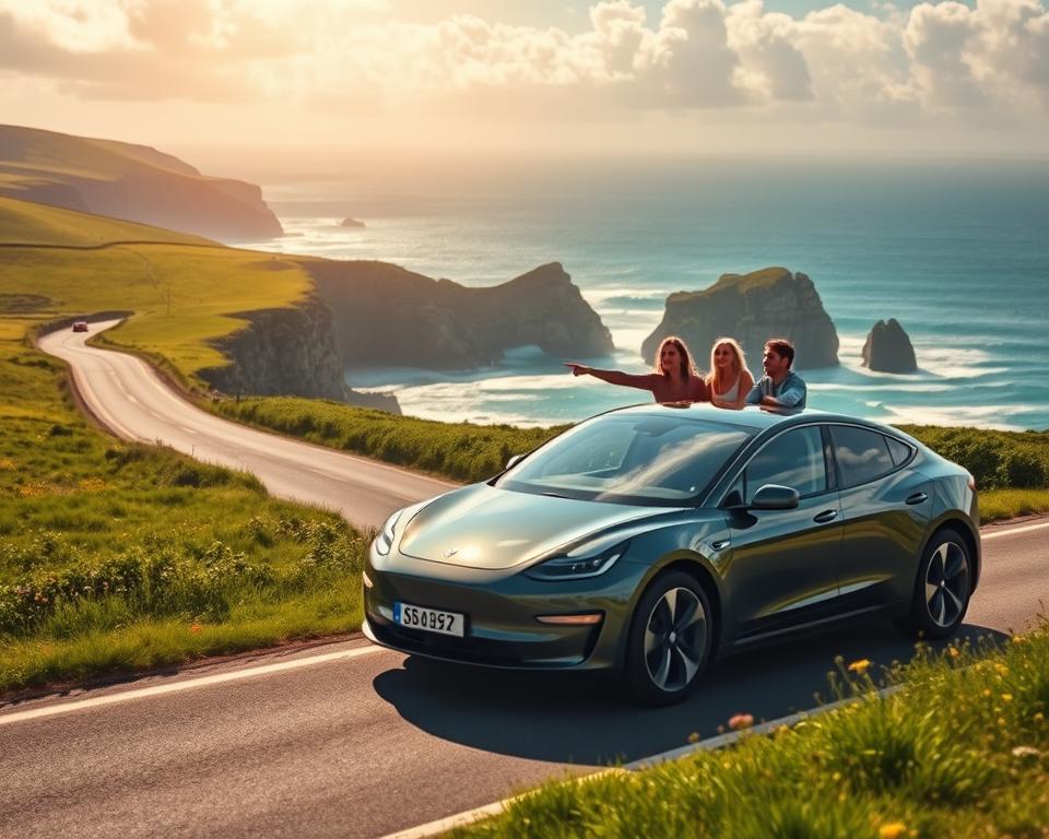 A scenic view of an eco-friendly road trip in Brittany, featuring a sleek, modern electric car in the foreground driving along a winding coastal road. The car is surrounded by lush green fields and wildflowers, with vibrant blue ocean waves crashing against rocky cliffs in the background. Sunlight filters through fluffy clouds, creating a warm and inviting atmosphere. A family dressed in modest casual clothing is enjoying the trip, smiling and pointing out picturesque landscapes. The angle captures the car from a slight elevation, giving a panoramic view of the beautiful surroundings. The overall mood conveys a sense of adventure and sustainability, emphasizing conscious travel practices.