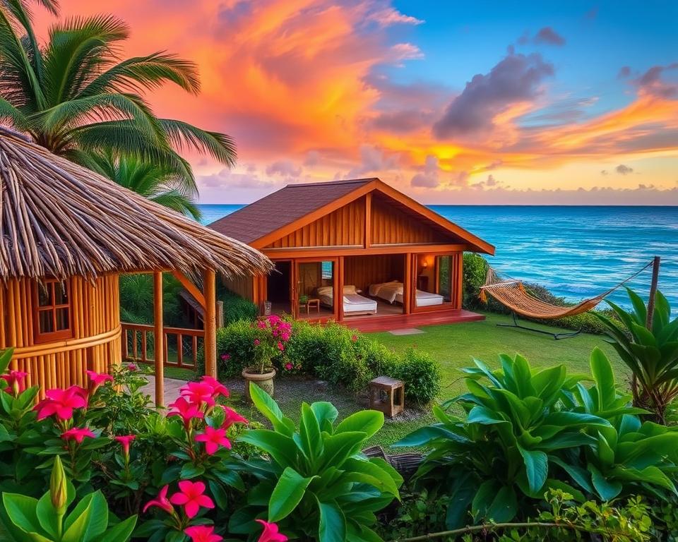 A scenic view of diverse accommodations in Montezuma, Costa Rica. In the foreground, a charming eco-lodge made of bamboo with a thatched roof, surrounded by vibrant tropical flowers and lush greenery. In the middle ground, a cozy beach bungalow with large open windows overlooking the ocean, where comfortable hammocks sway gently in the breeze. The background features the azure waves of the Pacific Ocean, with a dramatic sunset casting warm oranges and pinks across the sky. The atmosphere is serene and inviting, evoking a sense of relaxation and adventure. Use warm, natural lighting to enhance the vibrant colors and textures. Capture the scene from a slightly elevated angle to showcase the beauty of the surroundings. No people should be present in the image.