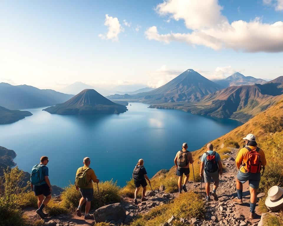 A scenic view of hikers trekking along a rugged trail around Lago Atitlán in Guatemala. In the foreground, a diverse group of three hikers, dressed in modest and practical outdoor clothing, navigate rocky paths lined with vibrant green vegetation. In the middle ground, the shimmering blue lake reflects the surrounding majestic volcanic peaks, including the towering San Pedro and Atitlán volcanoes, bathed in the warm golden light of late afternoon. The background features a clear sky with soft, fluffy clouds drifting overhead, enhancing the serene yet adventurous atmosphere. The overall scene captures the beauty and tranquility of nature, inviting viewers to experience the charm of hiking in this breathtaking landscape. The composition should emphasize depth and perspective, using a slight upward angle to showcase both the hikers and the dramatic backdrop.