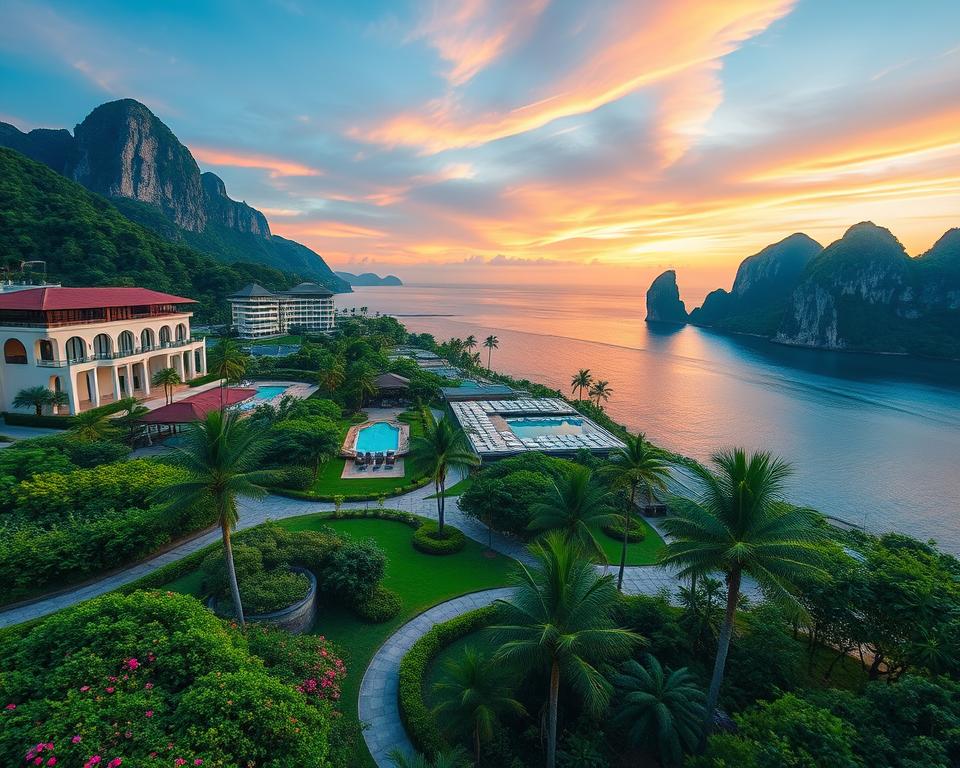 A scenic view of luxury hotels and resorts on Langkawi Island, surrounded by lush green hills and clear blue waters. In the foreground, a beautifully manicured garden with tropical flowers and palm trees stretches toward the resort entrances. The middle ground features a series of elegant buildings with modern architecture, large balconies, and infinity pools overlooking the ocean. The background includes dramatic limestone cliffs and a vibrant sunset casting warm golden and pink hues across the sky. Soft, ambient lighting creates a welcoming atmosphere, inviting relaxation and tranquility, captured with a wide-angle lens to emphasize the stunning landscape. The scene should inspire a sense of paradise and serenity without any people or text overlays.