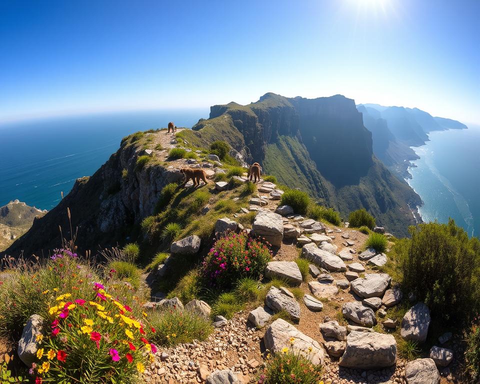 A scenic view of the Affenfelsen route in Gibraltar, showcasing a winding trail leading up the rocky cliffs, surrounded by lush greenery and clear blue skies. In the foreground, include vibrant wildflowers and rugged stones, inviting viewers to imagine walking along the path. The middle ground features monkeys playfully interacting among the rocks, embodying the local wildlife. In the background, display the majestic cliffs of Gibraltar, rising dramatically against the horizon, kissed by soft sunlight that creates a warm, inviting atmosphere. The image should be captured from a slightly elevated angle, giving a panoramic view that emphasizes the beauty of the landscape. Aim for a serene and adventurous mood that encourages exploration.