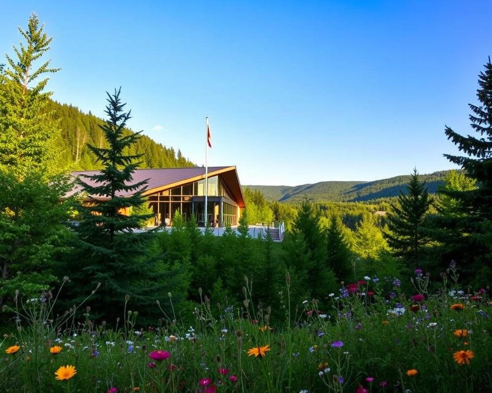 A scenic view of the Algonquin Visitor Centre, showcasing the modern architecture nestled in the lush greenery of Algonquin Provincial Park. In the foreground, include native trees and wildflowers, drawing attention to the vibrant colors of nature. The middle ground should feature the Visitor Centre with large glass windows reflecting the surrounding landscapes, exuding a welcoming atmosphere. In the background, rich forested hills and a clear blue sky add depth and tranquility, suggesting a serene day. Soft, diffused lighting creates a warm and inviting mood, while capturing the essence of wilderness exploration. The angle should be slightly elevated, offering a comprehensive view of the structure in harmony with its environment. The image should be peaceful and inspiring, highlighting the beauty of nature.