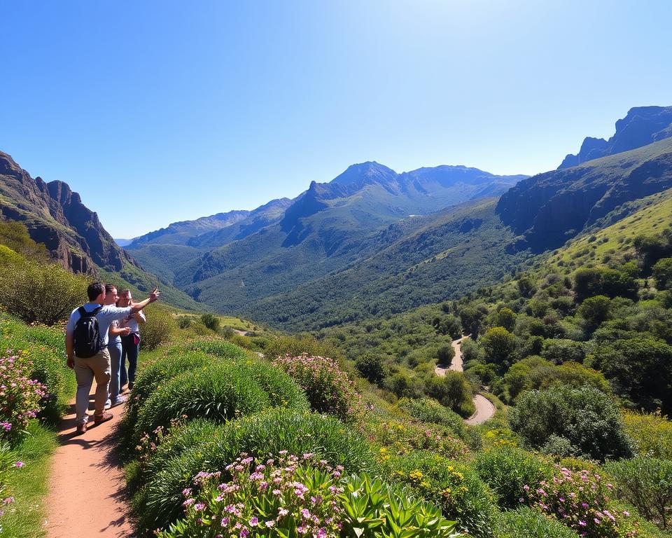 A scenic view of the Anaga Mountains in Tenerife, showcasing lush greenery and rugged cliffs under a clear blue sky. In the foreground, a winding trail leads through dense vegetation with vibrant wildflowers. To the left, a group of hikers in modest casual clothing engages in conversation, pointing towards the mountains, embodying a sense of adventure and exploration. In the middle ground, the trail continues through a dense forest, while the majestic peaks of the Anaga Gebirge rise dramatically in the background. The lighting is bright and sunny with soft shadows enhancing the textures of the landscape. Capture the atmosphere of natural beauty and the spirit of outdoor enthusiasm, inviting viewers to envision their journey through this stunning location.