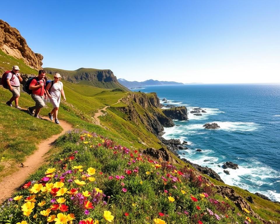 A scenic view of the East Coast Trail near St. John's, Newfoundland on a sunny day, showcasing rugged cliffs and lush greenery. In the foreground, vibrant wildflowers bloom along the winding path. The middle ground features hikers dressed in casual outdoor attire, enjoying the breathtaking landscape. The background reveals dramatic ocean waves crashing against the rocky shoreline under a clear blue sky, with distant mountains framing the scene. The lighting is warm and inviting, casting soft shadows and highlighting the rich colors of nature. The atmosphere conveys tranquility and adventure, perfect for capturing the essence of the area's natural beauty. Shot with a wide-angle lens to encompass the expansive vista.