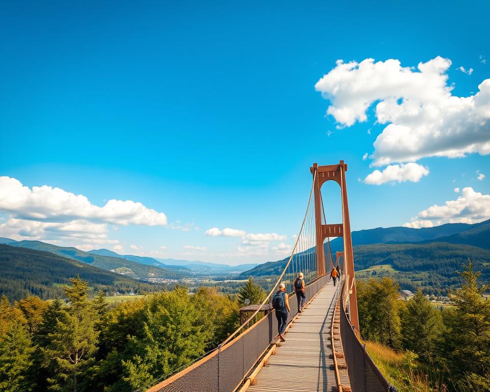 A scenic view of the Eifel region showcasing the iconic suspension bridge, with vibrant green forests surrounding the bridge in the foreground. In the middle, hikers, dressed in casual outdoor clothing, are seen traversing a winding trail that leads to the bridge, capturing the spirit of adventure. The background features rolling hills and distant mountains under a bright blue sky with fluffy white clouds. The lighting is warm and inviting, suggesting early morning or late afternoon, casting soft shadows and enhancing the natural beauty of the landscape. The atmosphere is one of tranquility and exploration, highlighting the connection between nature and outdoor activities. The angle should capture both the grandeur of the bridge and the allure of the hiking path.