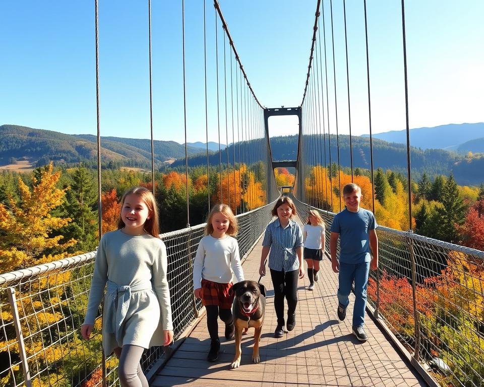 A scenic view of the Eifel suspension bridge, with a family of cheerful children and a dog walking across it. In the foreground, the children, dressed in modest casual clothing, are laughing and pointing at the breathtaking landscape around them. The middle ground features the bridge, arching gracefully with its sturdy ropes and wooden planks, surrounded by lush green trees and the vibrant colors of autumn foliage. In the background, rolling hills and a clear blue sky provide a stunning backdrop. Soft sunlight filters through the leaves, creating a warm, inviting atmosphere, while the angle captures the bridge leading into the horizon, emphasizing adventure and exploration.