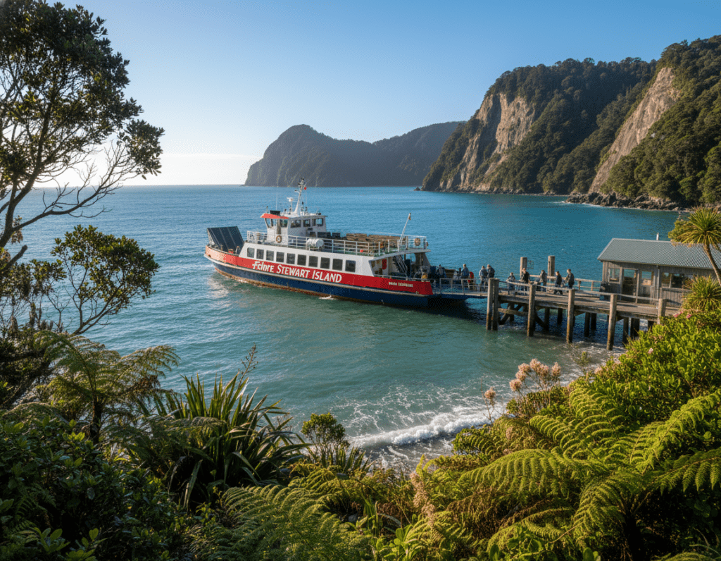 A scenic view of the "Fähre Stewart Island," showcasing the ferry docked at a charming, coastal terminal on Stewart Island, New Zealand. In the foreground, lush, green vegetation frames the scene, with gentle waves lapping at the ferry's hull. The middle ground features the ferry, a well-maintained vessel with bright colors, ready to begin its journey across the sparkling turquoise waters. In the background, breathtaking rugged cliffs and dense forest emphasize the island's natural beauty under a clear blue sky. A soft, warm sunlight casts a golden hue on the water, creating a welcoming atmosphere. The image captures the essence of travel and adventure, inviting viewers to imagine their journey to this stunning destination. A scenic view of the "Fähre Stewart Island," showcasing the ferry docked at a charming, coastal terminal on Stewart Island, New Zealand. In the foreground, lush, green vegetation frames the scene, with gentle waves lapping at the ferry's hull. The middle ground features the ferry, a well-maintained vessel with bright colors, ready to begin its journey across the sparkling turquoise waters. In the background, breathtaking rugged cliffs and dense forest emphasize the island's natural beauty under a clear blue sky. A soft, warm sunlight casts a golden hue on the water, creating a welcoming atmosphere. The image captures the essence of travel and adventure, inviting viewers to imagine their journey to this stunning destination.