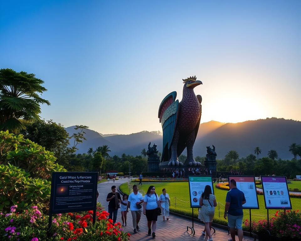 A scenic view of the Garuda Wisnu Kencana Cultural Park in Bali, Indonesia, highlighting the majestic Garuda Wisnu Kencana statue in the foreground, intricately detailed with vibrant colors and textures. The statue stands tall against a clear blue sky, surrounded by lush greenery and colorful flowers that fill the park. In the middle ground, visitors wander around, dressed in casual clothing, examining informational displays about the park's opening hours and entrance fees. The background features rolling hills beneath a warm, golden sunset, casting soft, inviting light across the landscape. The atmosphere is peaceful and welcoming, evoking a sense of cultural appreciation and exploration. The composition is shot from a low angle, emphasizing the grandeur of the statue while capturing the lively ambiance of the park. A scenic view of the Garuda Wisnu Kencana Cultural Park in Bali, Indonesia, highlighting the majestic Garuda Wisnu Kencana statue in the foreground, intricately detailed with vibrant colors and textures. The statue stands tall against a clear blue sky, surrounded by lush greenery and colorful flowers that fill the park. In the middle ground, visitors wander around, dressed in casual clothing, examining informational displays about the park's opening hours and entrance fees. The background features rolling hills beneath a warm, golden sunset, casting soft, inviting light across the landscape. The atmosphere is peaceful and welcoming, evoking a sense of cultural appreciation and exploration. The composition is shot from a low angle, emphasizing the grandeur of the statue while capturing the lively ambiance of the park.