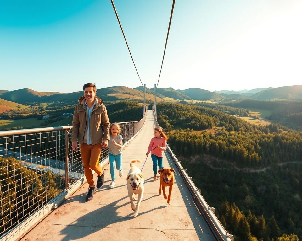 A scenic view of the Geierlay suspension bridge, set against a bright, clear sky. In the foreground, a joyful family with two children, dressed in casual, comfortable clothing, is walking across the bridge. The children are playfully holding hands and leaning slightly over the railing, grinning with excitement. Beside them, a friendly dog runs along, its leash held by one of the children. In the middle ground, the bridge swings dramatically above a lush green valley, showcasing the breathtaking height. The background features rolling hills and a patchwork of trees, illuminated by warm sunlight that creates a cheerful, adventurous atmosphere. The capture is taken with a wide-angle lens to emphasize the bridge's length and the surrounding landscape, with soft, natural lighting that enhances the sense of adventure and family bonding.