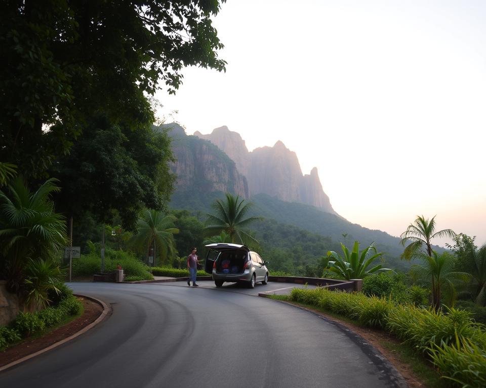 A scenic view of the Khao Yai National Park in Thailand during the golden hour, capturing the journey to the park. In the foreground, a winding road flanked by lush green trees and tropical plants, leading the viewer's eye into the distance. The middle ground features a small, well-maintained parking area with a few modestly dressed tourists unloading their bags from a car, excitement on their faces. In the background, the majestic cliffs of the national park rise steeply, touched by the soft, warm glow of the setting sun. The sky is filled with soft pastel colors, enhancing the tranquil and adventurous mood of the image. Use a slightly elevated angle to capture the full landscape and depth, while ensuring the lighting accentuates the natural beauty of the location. A scenic view of the Khao Yai National Park in Thailand during the golden hour, capturing the journey to the park. In the foreground, a winding road flanked by lush green trees and tropical plants, leading the viewer's eye into the distance. The middle ground features a small, well-maintained parking area with a few modestly dressed tourists unloading their bags from a car, excitement on their faces. In the background, the majestic cliffs of the national park rise steeply, touched by the soft, warm glow of the setting sun. The sky is filled with soft pastel colors, enhancing the tranquil and adventurous mood of the image. Use a slightly elevated angle to capture the full landscape and depth, while ensuring the lighting accentuates the natural beauty of the location.