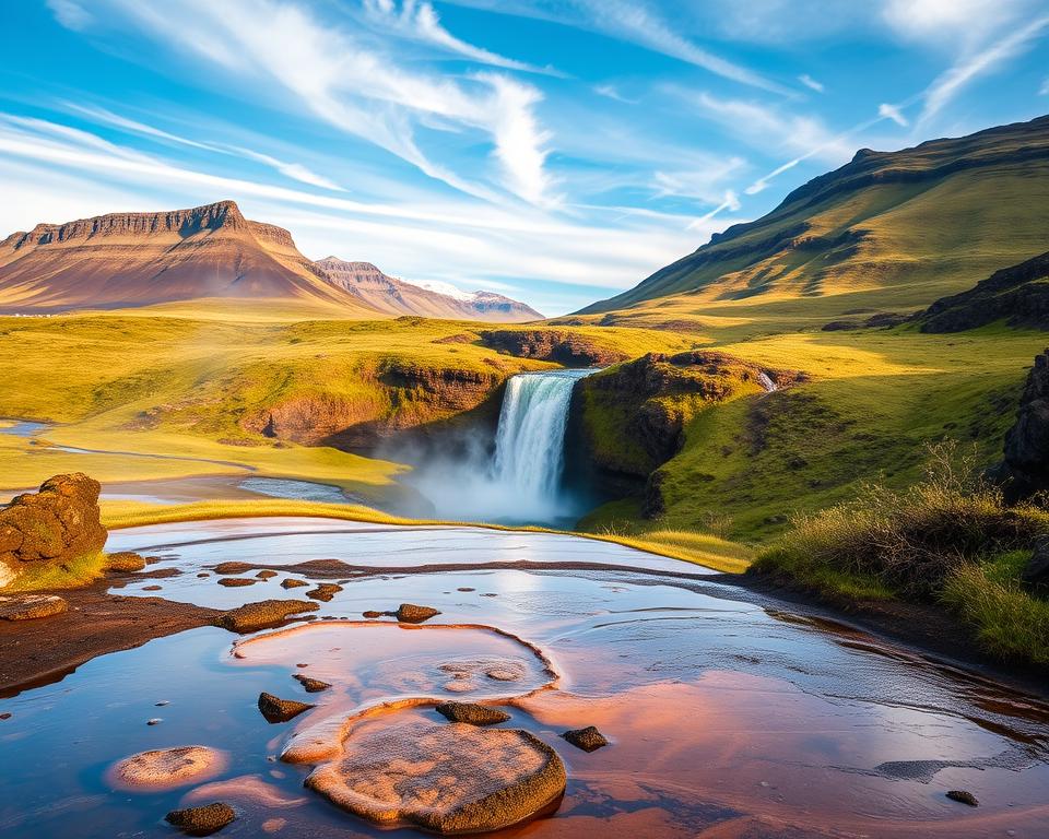 A scenic view of the Kosten Golden Circle in Iceland, showcasing its stunning natural beauty. In the foreground, feature a serene geothermal area with steaming hot springs and vibrant mineral deposits. The middle ground should include the majestic Gullfoss waterfall cascading into a rugged canyon, surrounded by lush greenery. The background highlights the dramatic volcanic mountains under a bright blue sky with wispy clouds. Soft, warm lighting bathes the landscape, evoking a sense of tranquility and adventure. Capture this scene from a slight elevation angle, enhancing the depth and perspective of the iconic landscape. The overall mood should feel inviting and inspiring, perfect for travel enthusiasts eager to explore this breathtaking destination.