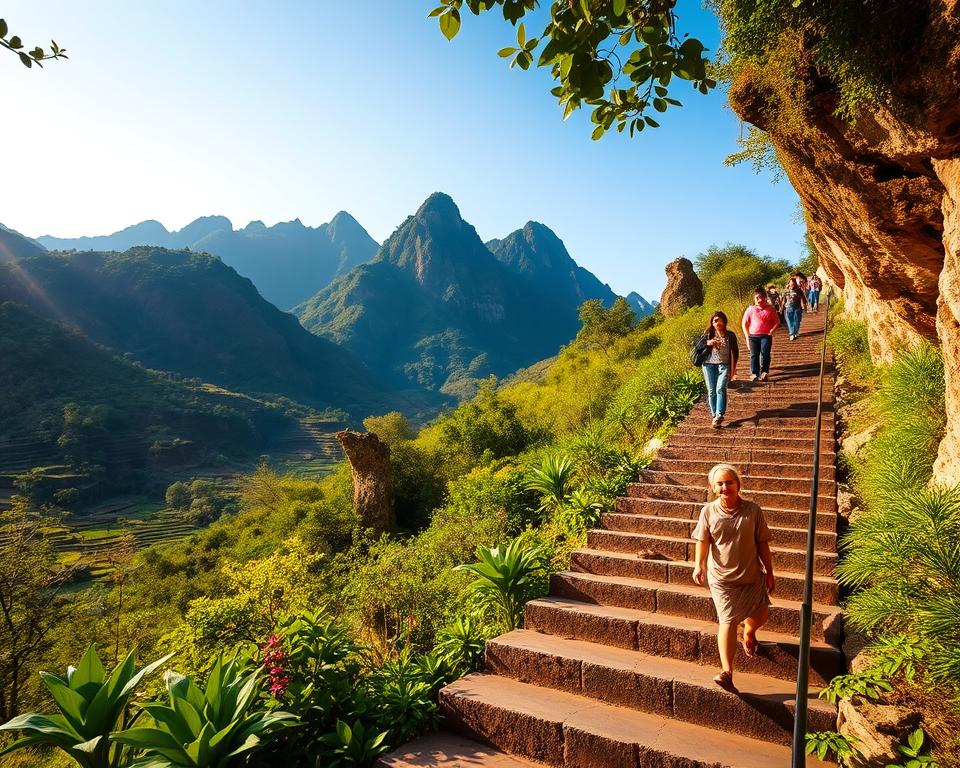 A scenic view of the Mua Caves in Vietnam, showcasing a vibrant landscape filled with lush green mountains and rice paddies. In the foreground, a winding stone staircase ascends steeply, flanked by tropical plants and small rocks. The stairs are illuminated by warm, golden sunlight filtering through the foliage, casting soft shadows. In the middle ground, tourists in modest casual attire can be seen climbing the stairs, their expressions filled with determination and awe. The background features the majestic cliffs of the Mua Caves, rising dramatically against a clear blue sky, evoking a sense of adventure and exploration. The atmosphere is peaceful yet exhilarating, inviting viewers to join the journey toward the stunning viewpoints.