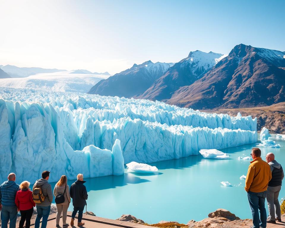 A scenic view of the Perito Moreno Glacier in Argentina, showcasing its massive ice formations and brilliant blue hues. In the foreground, include a group of tourists in modest casual clothing, standing on a viewing platform, admiring the breathtaking landscape. The middle ground features the glacier with icebergs floating in the turquoise waters of Lake Argentino, reflecting the sunlight. In the background, the rugged Andes mountains rise, creating a dramatic backdrop. Soft, natural lighting illuminates the scene, casting gentle shadows and emphasizing the textures of the ice and mountains. The atmosphere is serene and awe-inspiring, capturing the grandeur of nature and the excitement of exploration.