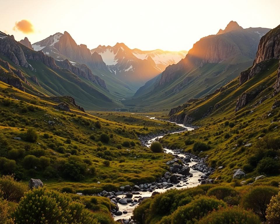A scenic view of the Pico Europa Nationalpark in Spain, showcasing its diverse landscapes that highlight the history and natural beauty of the region. In the foreground, lush green valleys filled with native flora, along with gentle streams flowing over rocky beds. The middle ground features towering cliffs and dramatic rock formations, casting long shadows as the sun sets, creating a warm golden glow. In the background, majestic snow-capped peaks rise against a soft, pastel sky. The atmosphere is serene yet awe-inspiring, with a few scattered clouds. Capture this image with a wide-angle lens to emphasize the grandeur and depth of the park, using soft lighting to enhance the tranquil setting, devoid of any people or text elements.