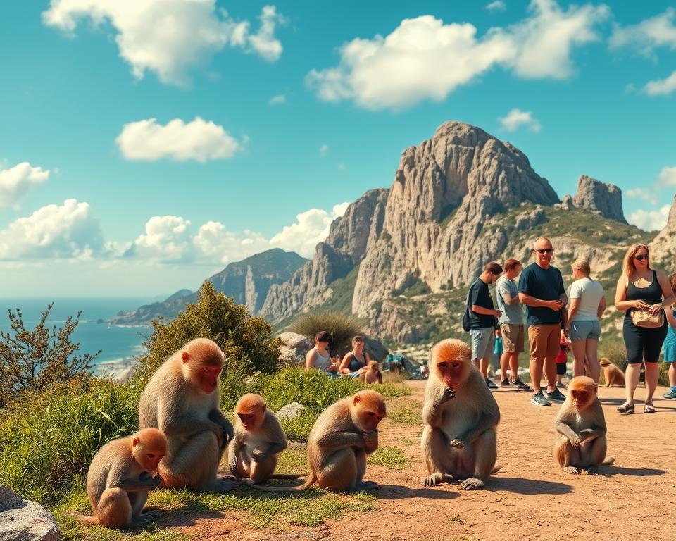 A scenic view of the Rock of Gibraltar, focusing on the playful Barbary macaques (Gibraltar monkeys) in their natural habitat. In the foreground, a group of macaques interact with each other; some are curiously examining the nearby environment while others are grooming. The middle ground features lush greenery and rocky outcrops, with tourists observing the monkeys from a safe distance, dressed in casual attire. In the background, the iconic limestone cliffs rise majestically against a bright blue sky with fluffy white clouds. Soft, warm lighting enhances the friendly atmosphere, creating a lively, engaging scene that portrays the beauty and uniqueness of Gibraltar's wildlife while emphasizing the importance of respecting both the animals and their environment.