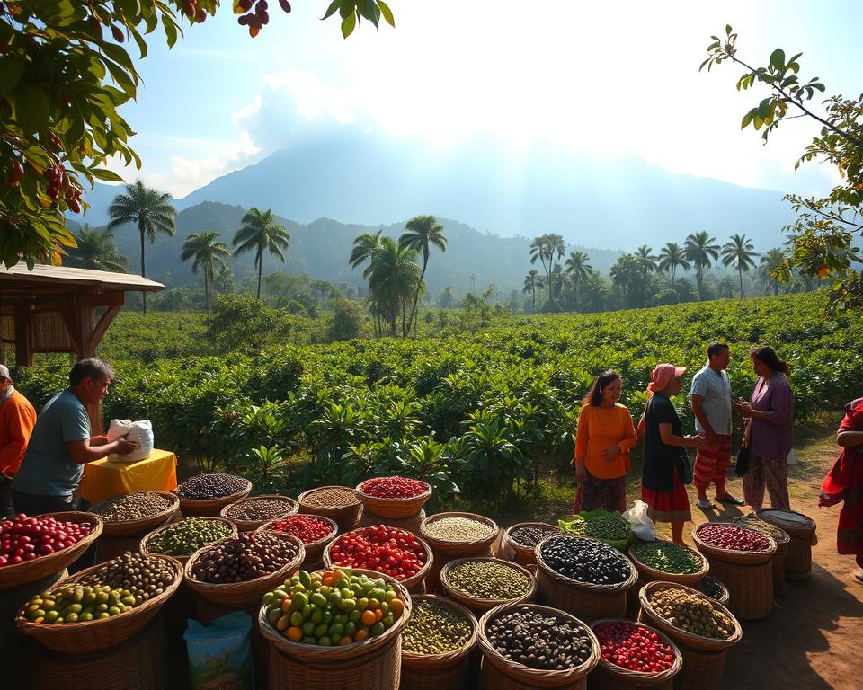 A scenic view of the Tobasee region in Sumatra, showcasing the cultural significance of coffee. In the foreground, an outdoor traditional market with local vendors selling various coffee beans, beautifully arranged in woven baskets. The middle ground features a lush green coffee plantation, with vibrant coffee plants laden with ripe cherries under soft morning light. In the background, misty mountains rise, partially enveloped in clouds, casting a serene atmosphere. Include a few locals dressed in modest, colorful traditional attire, engaging with visitors, conveying a sense of community and heritage. The scene should be illuminated by warm, golden sunlight filtering through the trees, creating a calm and inviting mood. Use a wide-angle lens to capture the expansive beauty and details of this culturally rich landscape. A scenic view of the Tobasee region in Sumatra, showcasing the cultural significance of coffee. In the foreground, an outdoor traditional market with local vendors selling various coffee beans, beautifully arranged in woven baskets. The middle ground features a lush green coffee plantation, with vibrant coffee plants laden with ripe cherries under soft morning light. In the background, misty mountains rise, partially enveloped in clouds, casting a serene atmosphere. Include a few locals dressed in modest, colorful traditional attire, engaging with visitors, conveying a sense of community and heritage. The scene should be illuminated by warm, golden sunlight filtering through the trees, creating a calm and inviting mood. Use a wide-angle lens to capture the expansive beauty and details of this culturally rich landscape.