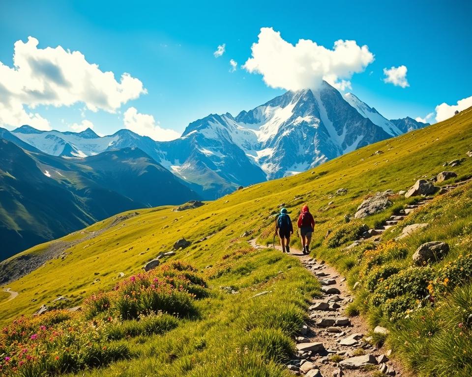 A scenic view of the Tour du Mont Blanc route winding through the majestic Alps, showcasing a lush green trail in the foreground, lined with vivid wildflowers and rocky paths. In the middle ground, hikers in modest outdoor attire traverse the trail, surrounded by alpine scenery. The background features towering snow-capped peaks against a bright blue sky, with fluffy white clouds casting gentle shadows on the mountainsides. The lighting is soft and warm, indicative of early morning or late afternoon sunlight, enhancing the serene atmosphere of adventure. The image composition is framed with a slightly elevated angle, providing depth and perspective to the iconic Mont Blanc massif.