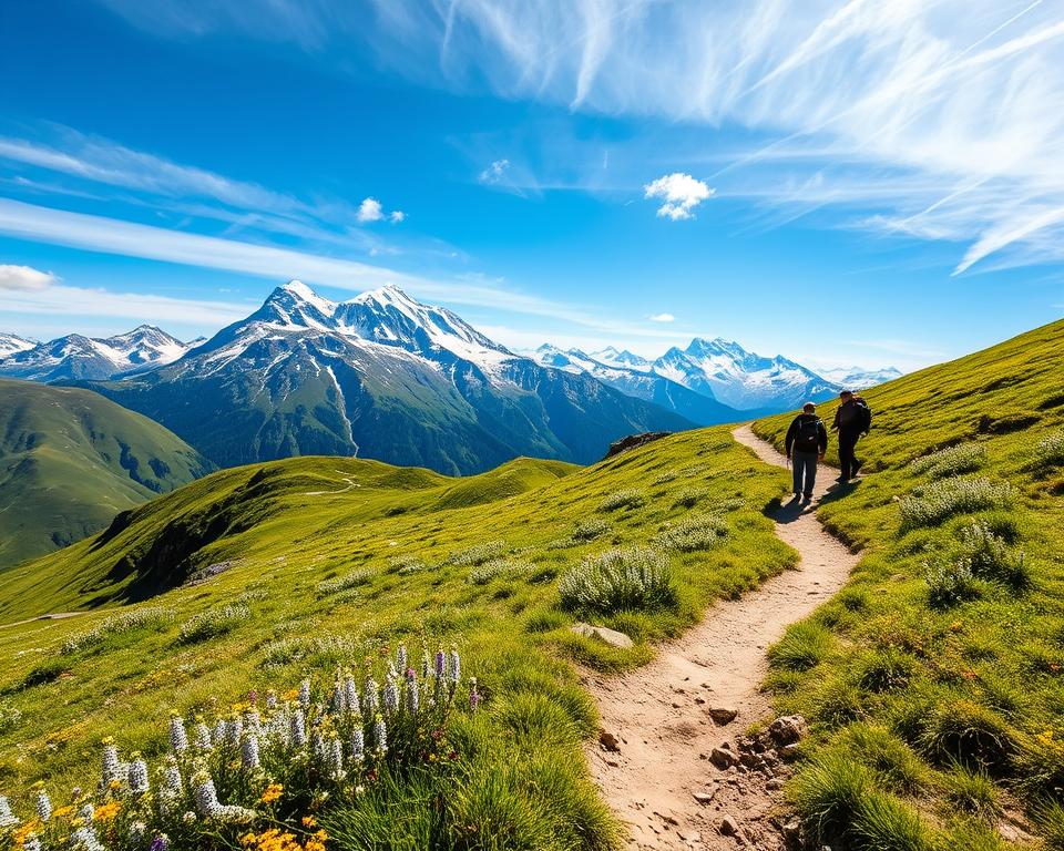 A scenic view of the Tour du Mont Blanc trekking path, showcasing beautiful alpine landscapes in the foreground with wildflowers and lush greenery. The middle ground features a well-marked trail winding through rolling hills, with hikers in modest outdoor attire pausing to admire the view. The backdrop displays majestic snow-capped peaks under a clear blue sky, with wisps of clouds framing the mountains. Soft, warm sunlight bathes the scene, creating a welcoming atmosphere. The image captures the essence of adventure and preparation, echoing the themes of planning a memorable TMB hike. A wide-angle perspective highlights the grandeur of the landscape, inviting viewers into this breathtaking natural setting.