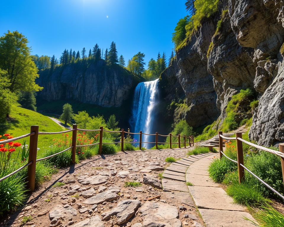 A scenic view of the "Trittsicherheit Wasserfallweg," showcasing a well-maintained hiking path winding alongside a majestic waterfall. In the foreground, a rugged, textured trail with safety railings, bordered by lush greenery and colorful wildflowers. The middle ground features the cascading waterfall, glistening under bright, natural sunlight that creates shimmering droplets in the air. In the background, towering cliffs framed by vibrant trees extend into a clear blue sky. The overall atmosphere feels invigorating and serene, ideal for outdoor enthusiasts. The camera angle captures the path leading towards the waterfall, emphasizing the beauty and accessibility of this nature trail, perfect for hikers of varying skill levels.