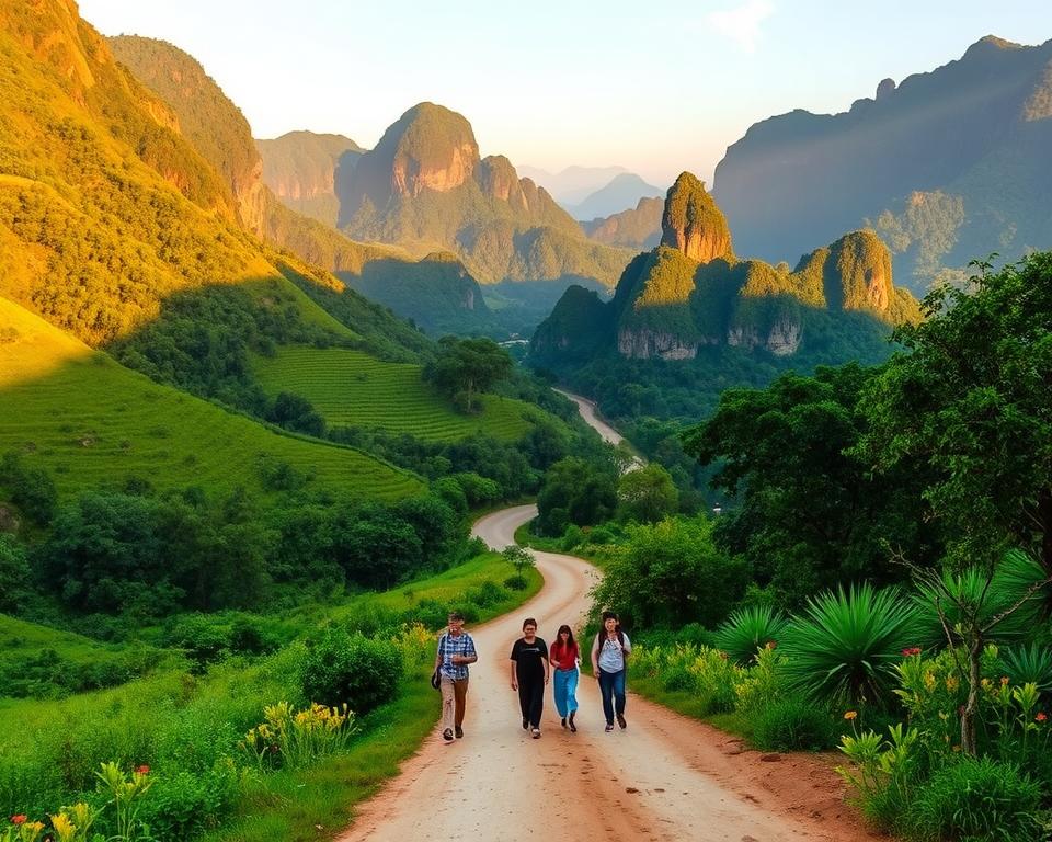 A scenic view of the approach to Phong Nha-Ke Bang National Park in Vietnam during the golden hour, showcasing lush, verdant hills and dramatic, limestone karst formations in the background. In the foreground, a well-maintained dirt road winds through a green landscape with occasional clusters of tropical trees and colorful wildflowers lining the path. A small group of travelers in modest casual clothing is seen walking, capturing the spirit of adventure and exploration. Soft, warm sunlight filters through the foliage, creating a tranquil and inviting atmosphere. Use a wide-angle lens to enhance the expansive view, emphasizing the grandeur of nature in this stunning setting. Ensure the overall mood is peaceful and adventurous, highlighting the beauty of the journey to this natural wonder.
