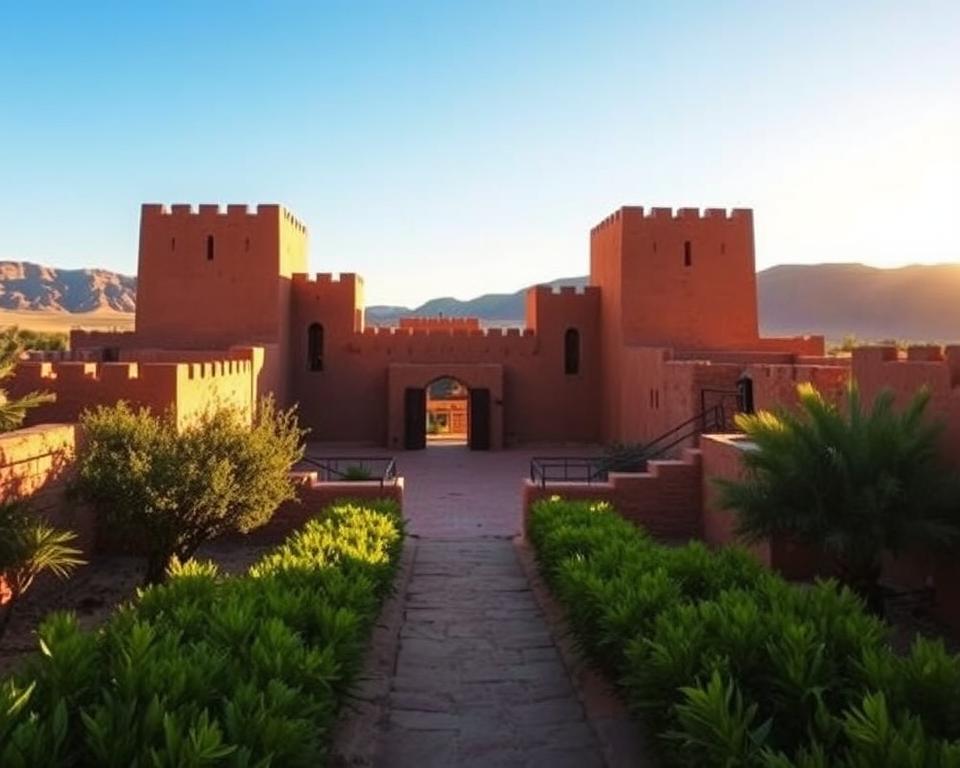 A scenic view of the entrance to Ksar Ait Ben Haddou, featuring traditional clay architecture against a bright blue sky. In the foreground, lush greenery surrounds the entrance pathway, creating a welcoming atmosphere. The middle ground showcases the iconic earthen fortress with its tall towers and intricate doorways, bathed in warm sunlight. The backdrop consists of distant, rugged mountains, adding depth to the landscape. Emphasize the golden tones of the sun setting behind the Ksar, casting long shadows and a soft, warm glow. Capture the serene and inviting mood, suggesting a blend of history and cultural richness in this UNESCO World Heritage site. Use a wide-angle lens to include the expansive vista, ensuring the composition feels immersive and draws the viewer into the scene.