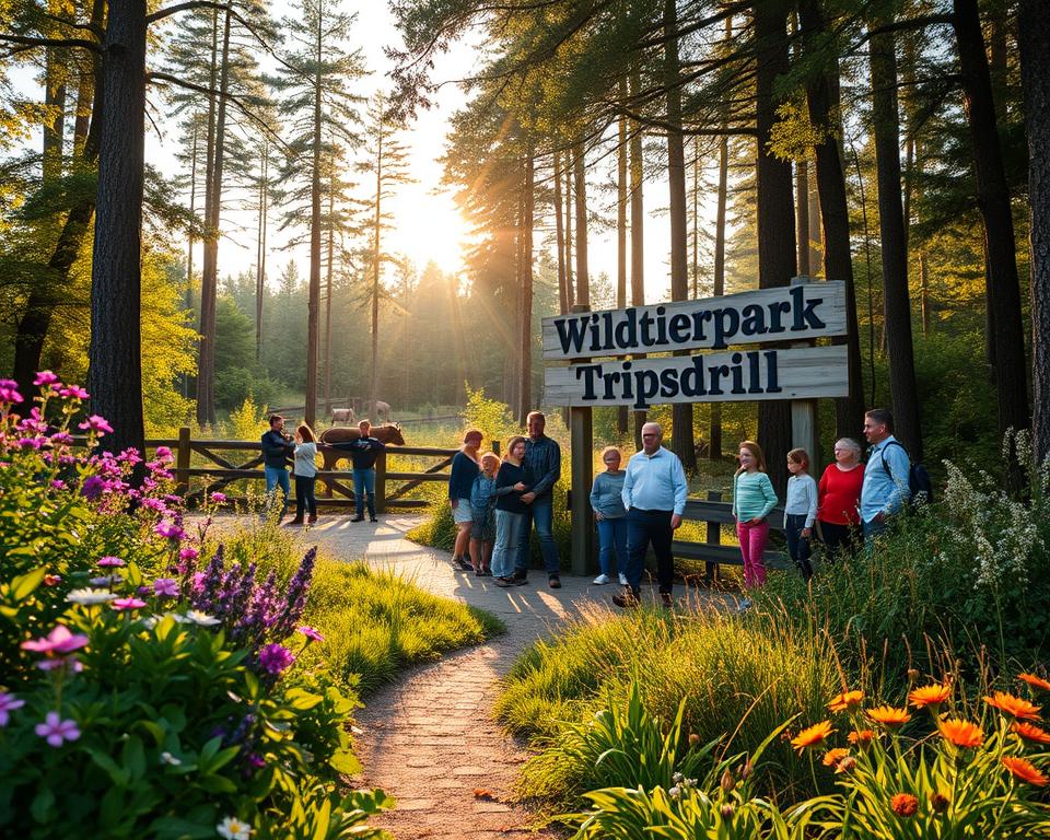 A scenic view of the entrance to Wildtierpark Tripsdrill in Cleebronn, capturing the essence of a nature adventure. In the foreground, lush greenery and vibrant wildflowers bloom along the pathway leading into the park. The middle ground features a welcoming, rustic wooden sign displaying "Wildtierpark Tripsdrill," with families of visitors dressed in modest casual clothing happily exploring, pointing and smiling. In the background, a softly sunlit forest with tall trees provides a serene backdrop, with animals peeking through the foliage, evoking a sense of wonder. The late afternoon golden hour casts a warm, inviting light across the scene, creating a peaceful and joyful atmosphere, with a wide-angle perspective to encompass the beauty of the natural surroundings. A scenic view of the entrance to Wildtierpark Tripsdrill in Cleebronn, capturing the essence of a nature adventure. In the foreground, lush greenery and vibrant wildflowers bloom along the pathway leading into the park. The middle ground features a welcoming, rustic wooden sign displaying "Wildtierpark Tripsdrill," with families of visitors dressed in modest casual clothing happily exploring, pointing and smiling. In the background, a softly sunlit forest with tall trees provides a serene backdrop, with animals peeking through the foliage, evoking a sense of wonder. The late afternoon golden hour casts a warm, inviting light across the scene, creating a peaceful and joyful atmosphere, with a wide-angle perspective to encompass the beauty of the natural surroundings.