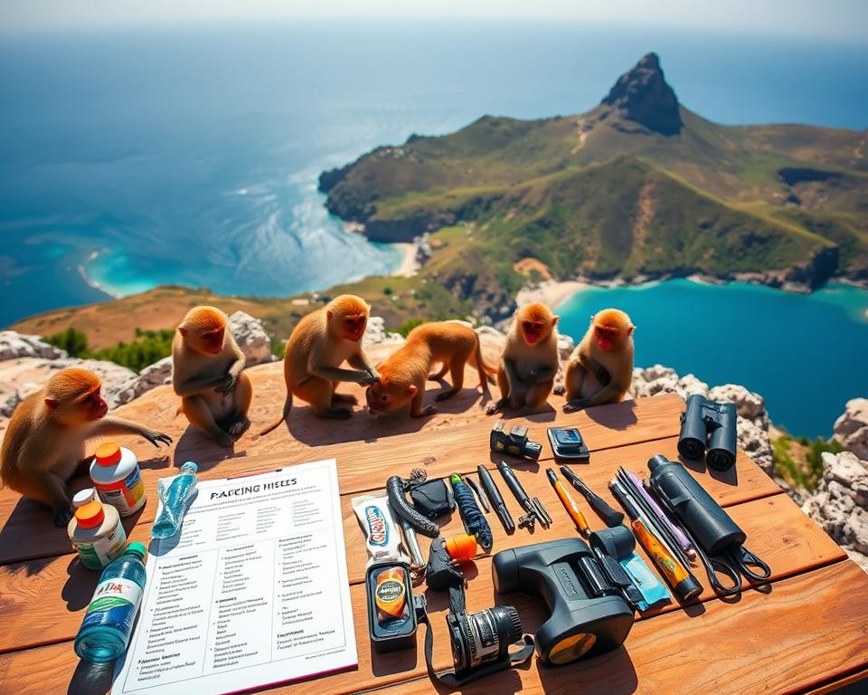 A scenic view of the famous Rock of Gibraltar, showcasing the iconic Ape's Den in the foreground, where a group of Barbary macaques are playfully interacting. Surrounding them is a well-organized packing list featuring essential hiking equipment, like water bottles, snacks, and binoculars, arranged on a wooden table. In the background, the azure Mediterranean Sea glistens under bright sunlight, with vibrant green hills rolling gently. The image captures a playful yet informative atmosphere, aimed at adventurers. The lighting is warm and inviting, suggesting midday, with soft shadows promoting depth. A wide-angle view highlights both the monkeys and the stunning landscape, inviting viewers to immerse themselves in the experience.