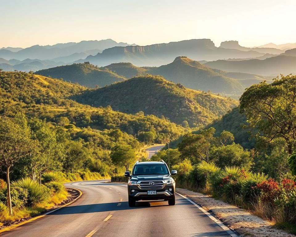 A scenic view of the journey to Chapada Diamantina, Brazil, showcasing a winding road lined with lush vegetation and mountainous terrain. In the foreground, a modern vehicle, such as an SUV, is driving along the road, its headlights illuminating the path. The middle ground features picturesque hills with a mix of rocky outcrops and dense forests, rich in shades of green and earth tones. The background reveals the iconic cliffs and plateaus of Chapada Diamantina, bathed in golden sunlight during the early morning, casting long shadows and enhancing the dramatic beauty of the landscape. The atmosphere is tranquil yet adventurous, inviting travelers to explore. The image is captured with a wide-angle lens to emphasize the vastness of the landscape.