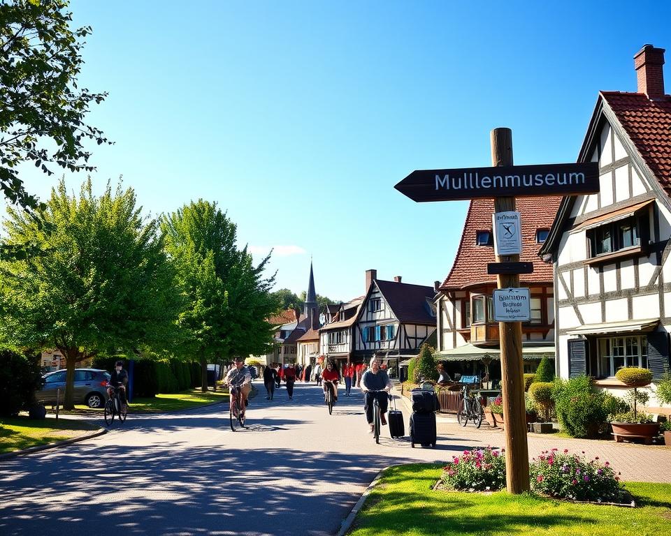 A scenic view of the journey to Gifhorn, portraying a welcoming entrance into the town. In the foreground, a well-maintained road lined with lush green trees and colorful flower beds. In the middle ground, a cozy wooden signpost indicating directions to "Mühlenmuseum" with cyclists, families, and a couple walking with luggage, all dressed in casual, comfortable attire. The background features picturesque traditional German architecture, with charming half-timbered houses under a clear blue sky, reflecting the serene atmosphere of a sunny day. The lighting is warm and inviting, enhancing the cheerful mood, captured from a slightly elevated angle to showcase both the natural beauty and the cultural landmarks along the route.