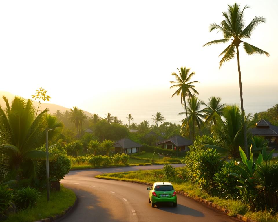 A scenic view of the journey to Lovina, Indonesia, showcasing a tropical landscape. In the foreground, a winding road lined with lush greenery and palm trees leads the viewer's eye towards the destination. A small car, painted in bright colors, is traveling along the road, evoking a sense of adventure. In the middle ground, traditional Balinese houses with thatched roofs can be seen, blending harmoniously with the vibrant flora. In the background, the tranquil sea glimmers under a soft, warm sunset, casting golden hues across the sky. The lighting is warm and inviting, creating a serene atmosphere. The image is captured from a slight elevation, using a wide-angle lens to emphasize the beauty of the landscape.