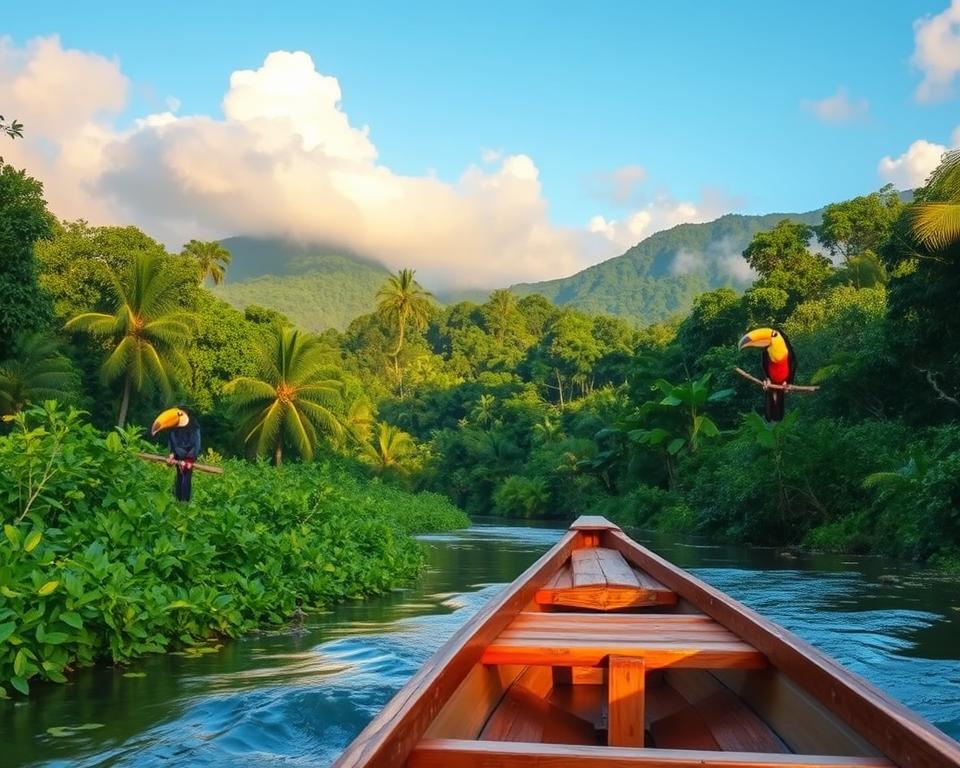 A scenic view of the journey to Tortuguero, Costa Rica. In the foreground, a serene river winds through lush green vegetation, with a wooden boat gliding smoothly along the water's surface, capturing the essence of transport in this remote area. In the middle ground, dense tropical rainforest fills the landscape, showcasing vibrant shades of green with trees and tropical plants. A few colorful birds, such as toucans or parrots, are perched on branches, adding life to the scene. In the background, mist-covered hills rise against a blue sky with soft, fluffy clouds, suggesting a tranquil atmosphere. The lighting is warm and inviting, simulating the golden hour, creating a peaceful mood perfect for exploring nature's beauty. Use a wide-angle lens to capture the expansive beauty of the landscape.
