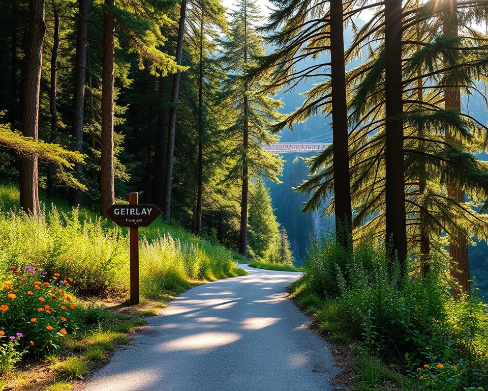 A scenic view of the journey to the Geierlay suspension bridge. In the foreground, a well-maintained paved trail leads through a lush green forest, with vibrant wildflowers dotting the sides. The middle ground features a charming wooden signpost pointing toward the bridge, surrounded by tall, majestic trees that filter warm sunlight, creating dappled light patterns on the path. In the background, the iconic Geierlay bridge stretches high above a deep valley, elegantly suspended between two cliffs, shrouded in mist. The image captures a serene and adventurous atmosphere, with soft sunlight illuminating the scene, evoking a sense of excitement and tranquility. Use a wide-angle perspective to showcase the expanse of the landscape, contributing to a captivating travel experience.
