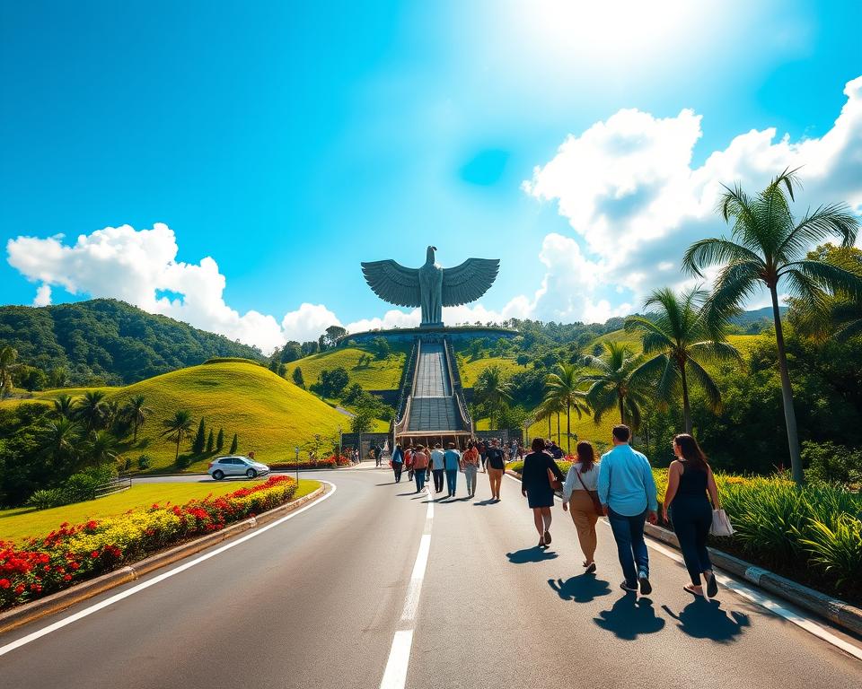 A scenic view showcasing the approach to Garuda Wisnu Kencana Cultural Park, featuring lush green hills and the iconic statue of Garuda Wisnu towering in the background. In the foreground, a smooth, winding road leads towards the entrance of the park, lined with vibrant tropical flowers and palm trees. The middle ground captures visitors arriving, dressed in professional attire or modest casual clothing, exuding excitement and anticipation. The sky is bright and blue, with soft, fluffy clouds providing a serene atmosphere. The lighting is warm and inviting, reminiscent of a sunny afternoon. Use a wide-angle lens to emphasize the grandeur of the statue and the natural beauty of the surroundings, creating a sense of awe and cultural richness. A scenic view showcasing the approach to Garuda Wisnu Kencana Cultural Park, featuring lush green hills and the iconic statue of Garuda Wisnu towering in the background. In the foreground, a smooth, winding road leads towards the entrance of the park, lined with vibrant tropical flowers and palm trees. The middle ground captures visitors arriving, dressed in professional attire or modest casual clothing, exuding excitement and anticipation. The sky is bright and blue, with soft, fluffy clouds providing a serene atmosphere. The lighting is warm and inviting, reminiscent of a sunny afternoon. Use a wide-angle lens to emphasize the grandeur of the statue and the natural beauty of the surroundings, creating a sense of awe and cultural richness.