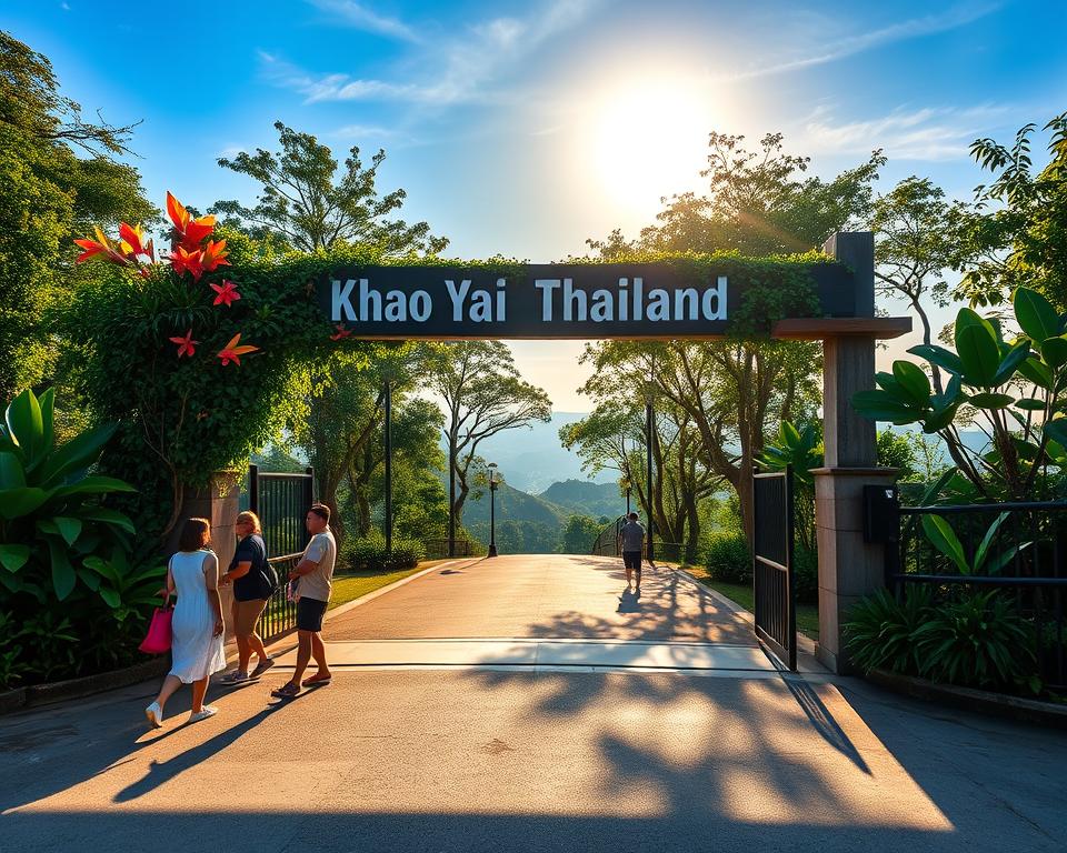 A scenic view showcasing the entrance of Khao Yai National Park in Thailand, capturing the essence of its natural beauty. In the foreground, a welcoming entrance gate adorned with lush greenery and vibrant tropical flowers, with visitors in modest casual clothing enjoying their arrival. The middle ground features a well-trodden pathway leading deeper into the park, framed by towering trees and a rich canopy. In the background, a breathtaking landscape of rolling hills and distant mountains under a clear blue sky, with the warm sun casting soft golden light. The overall mood conveys excitement and tranquility, inviting viewers to explore the wonders of nature. Use a wide-angle lens to emphasize depth and perspective, focusing on natural lighting that enhances the serene atmosphere. A scenic view showcasing the entrance of Khao Yai National Park in Thailand, capturing the essence of its natural beauty. In the foreground, a welcoming entrance gate adorned with lush greenery and vibrant tropical flowers, with visitors in modest casual clothing enjoying their arrival. The middle ground features a well-trodden pathway leading deeper into the park, framed by towering trees and a rich canopy. In the background, a breathtaking landscape of rolling hills and distant mountains under a clear blue sky, with the warm sun casting soft golden light. The overall mood conveys excitement and tranquility, inviting viewers to explore the wonders of nature. Use a wide-angle lens to emphasize depth and perspective, focusing on natural lighting that enhances the serene atmosphere.