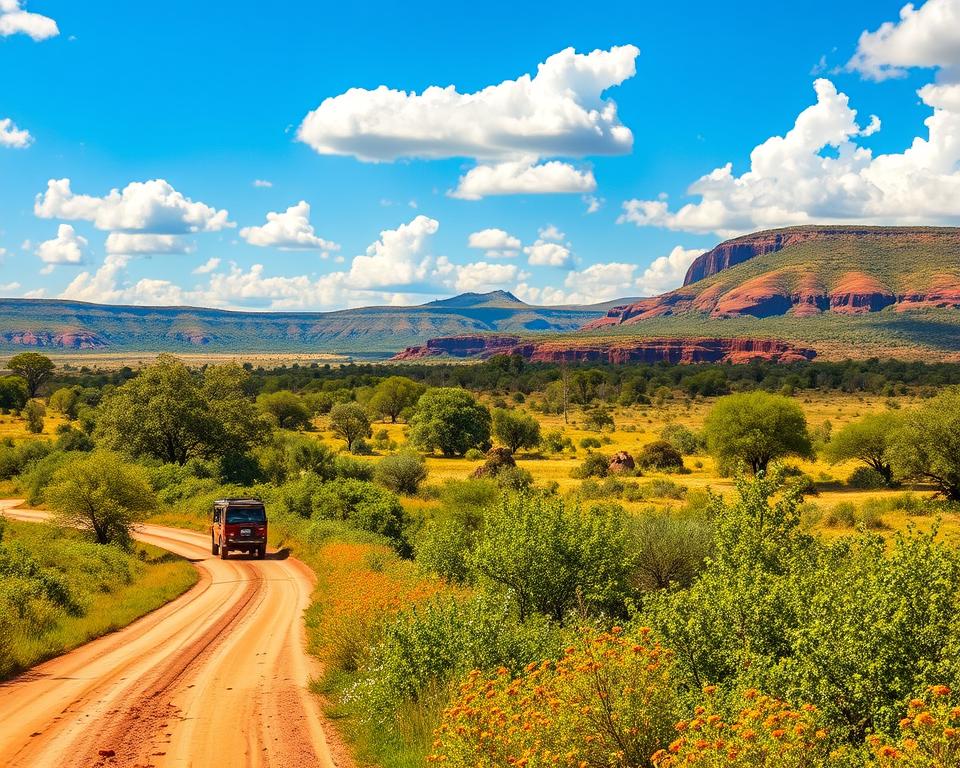 A scenic view showcasing the journey from Darwin to Kakadu National Park in Australia. In the foreground, a well-maintained dirt road snakes through lush green vegetation, dotted with vibrant wildflowers. To the left, a small convoy of vehicles passes by, embodying the adventurous spirit of travelers. The middle ground features iconic Australian flora, such as tall eucalypt trees and rugged termite mounds, creating a vibrant ecosystem. In the background, rolling hills and dramatic rock formations typical of Kakadu rise against a bright blue sky, with fluffy white clouds. The sunlight casts warm, golden tones, enhancing the natural beauty of the landscape. The overall mood is one of exploration and tranquility, capturing the essence of this magnificent journey into the heart of nature.