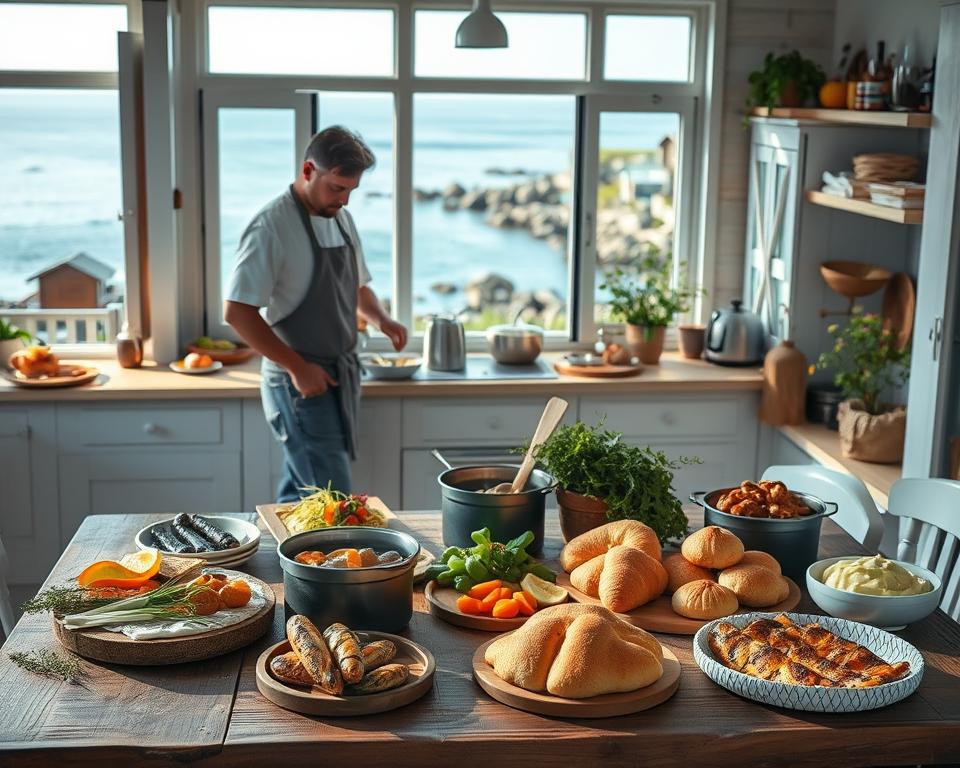 A seaside kitchen scene inspired by the unique flavors of the White Sea. In the foreground, a rustic wooden table is set with local culinary delights, including fresh seafood, traditional pastries, and vibrant vegetables. A chef in modest casual attire is preparing a dish, surrounded by pots and herbs, showcasing the essence of regional cuisine. The middle ground features an open kitchen with large windows displaying a panoramic view of the serene sea and rocky coast. Soft, natural lighting floods the space, enhancing the colors of the food. The background includes hints of charming wooden houses and wildflowers, creating a cozy, inviting atmosphere. The focus is on the harmony between the culinary elements and the captivating coastal backdrop. A seaside kitchen scene inspired by the unique flavors of the White Sea. In the foreground, a rustic wooden table is set with local culinary delights, including fresh seafood, traditional pastries, and vibrant vegetables. A chef in modest casual attire is preparing a dish, surrounded by pots and herbs, showcasing the essence of regional cuisine. The middle ground features an open kitchen with large windows displaying a panoramic view of the serene sea and rocky coast. Soft, natural lighting floods the space, enhancing the colors of the food. The background includes hints of charming wooden houses and wildflowers, creating a cozy, inviting atmosphere. The focus is on the harmony between the culinary elements and the captivating coastal backdrop.