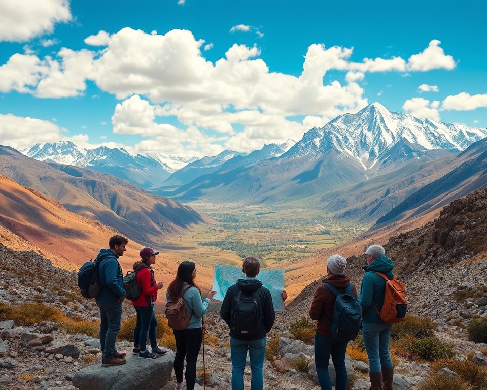 A serene Andean landscape showcasing a high mountain range in South America, focusing on a budget-friendly travel scene. In the foreground, a group of diverse travelers in casual yet practical attire reviewing a map and discussing their itinerary, surrounded by rugged terrain, colorful rocks, and sparse vegetation. In the middle ground, picturesque valleys reveal patches of lush greenery and winding trails leading up toward the towering snow-capped peaks in the background. The sky is a vibrant blue, dotted with soft, white clouds, casting a warm golden light over the scene. The atmosphere feels adventurous yet accessible, highlighting the beauty and challenges of exploring these majestic mountains on a budget. The composition should have a balanced perspective, emphasizing the grandeur of the surrounding peaks while keeping the travelers as the focal point.